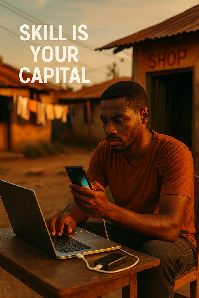 Young African entrepreneur wearing a hoodie and backpack, using a smartphone outdoors, symbolizing online hustling and zero-capital business success with ChatGPT